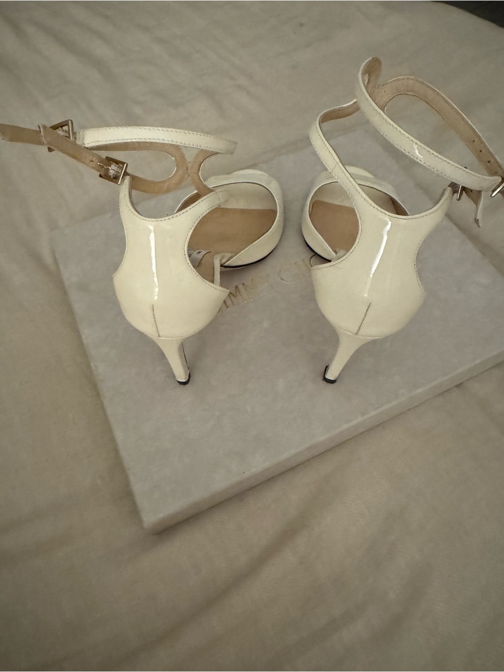 Jimmy Choo Cream Patent Leather Ankle‑Strap Stiletto Heels - Picture 9 of 9